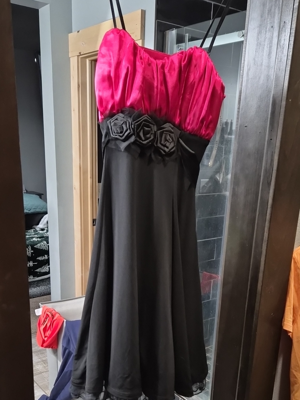 Fuchsia and Black Floral Accent Spaghetti Strap Dress
